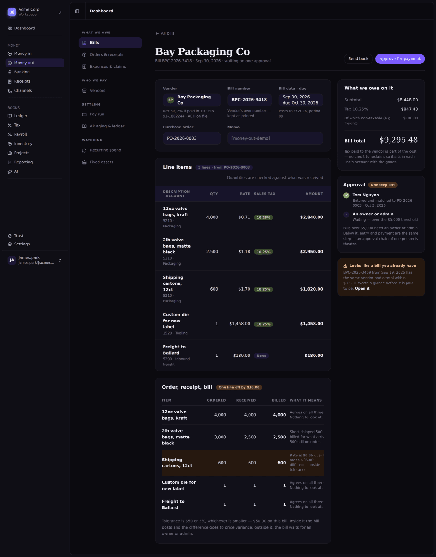The bill awaiting approval in dark mode.