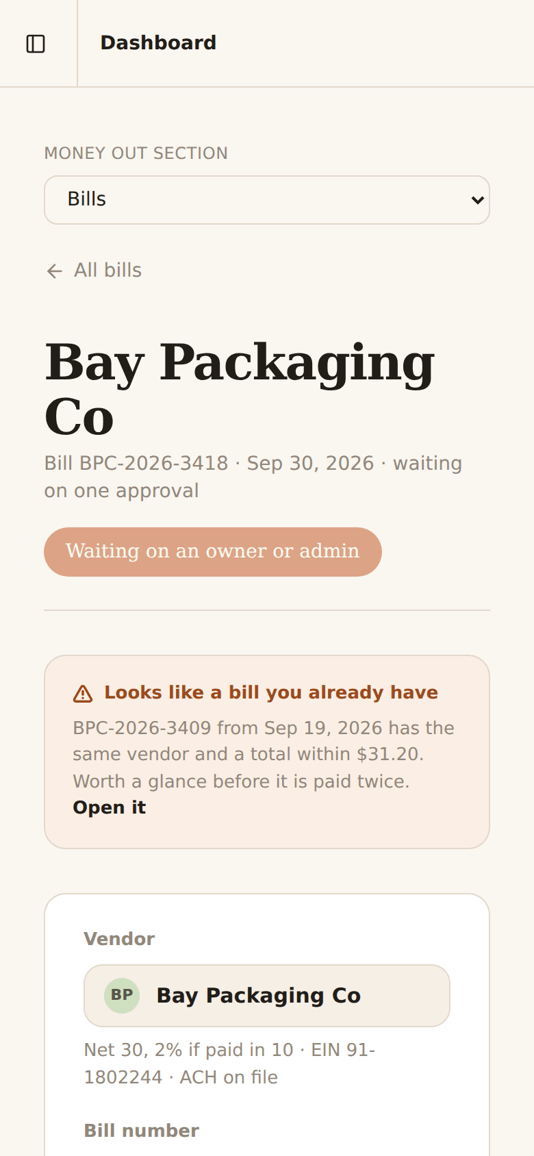 The bill at phone width with the duplicate warning at the top.