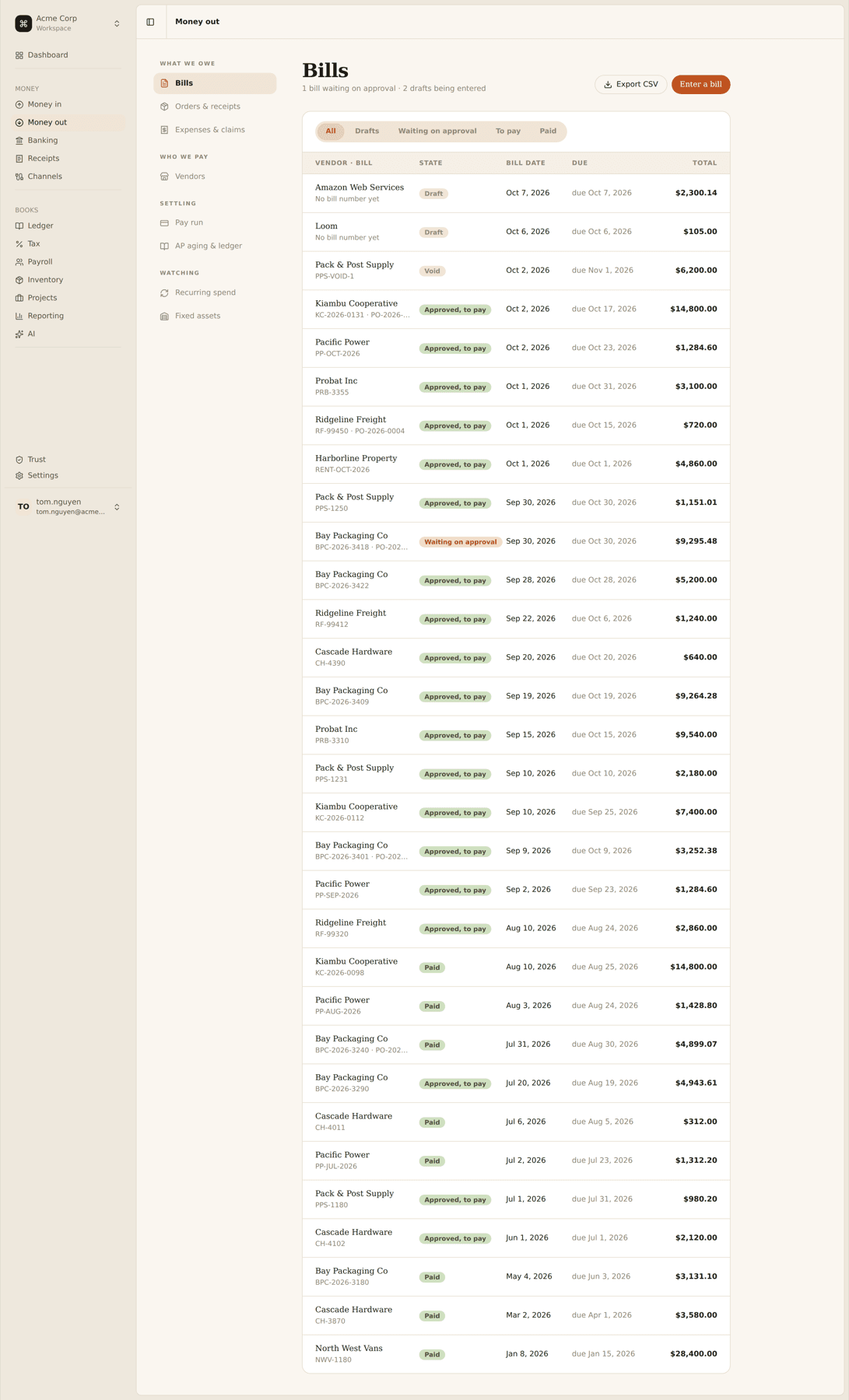 The Bills list in FinQ, grouped into drafts, waiting on approval, to pay and paid.