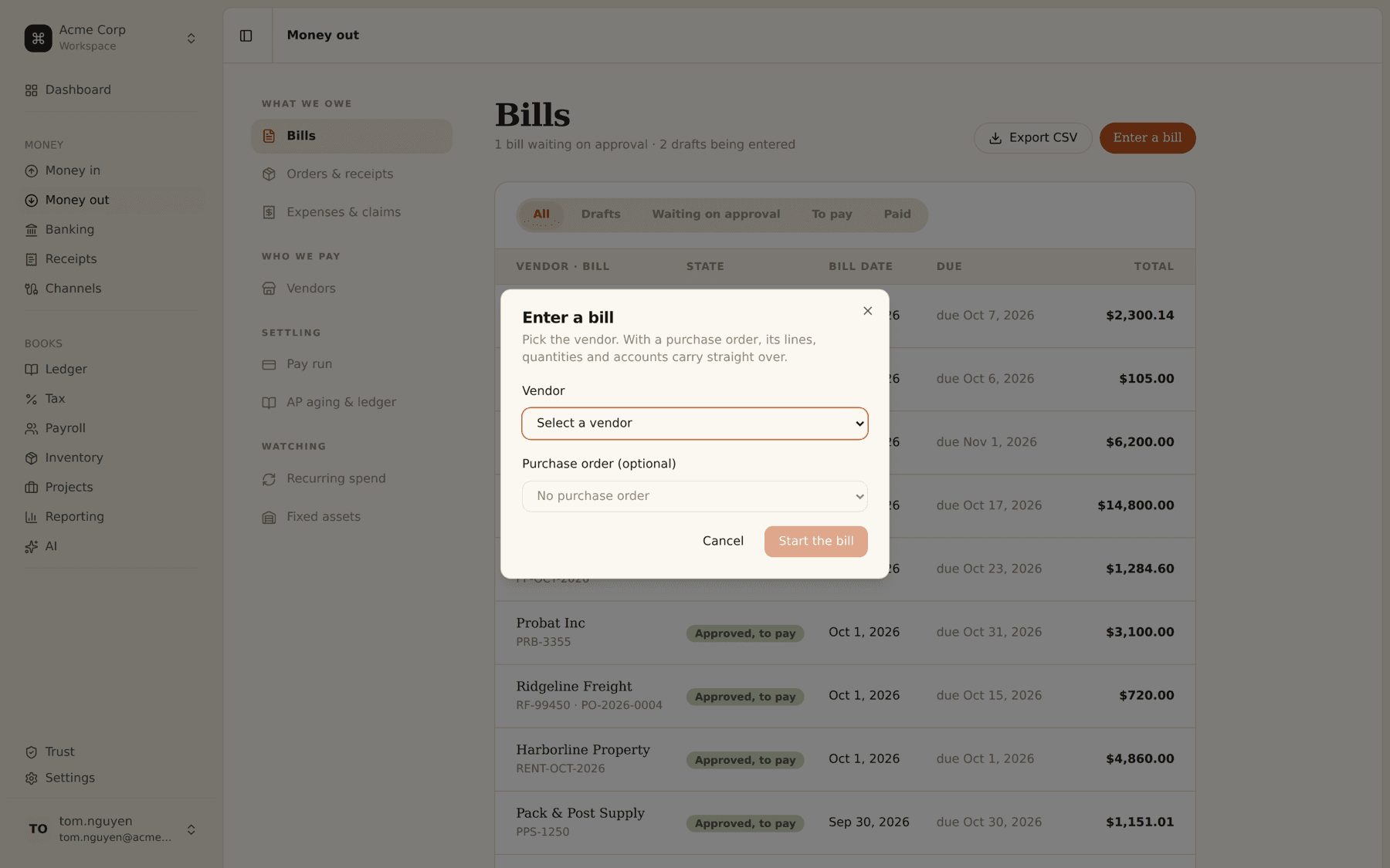 The new bill form with a vendor picker and an optional purchase order field.